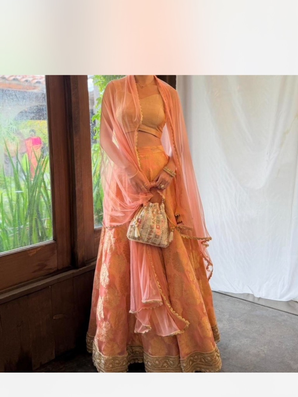 Peach Pink Indian Lehenga Set with Gold Embroidery